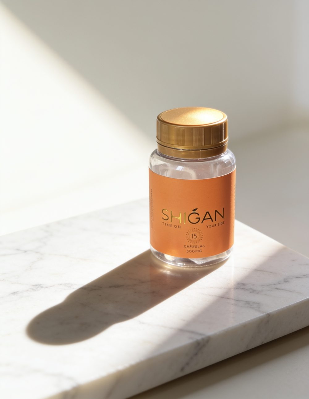 Hero do nutracêutico Shigan sobre mármore com luz natural, Dex Lab